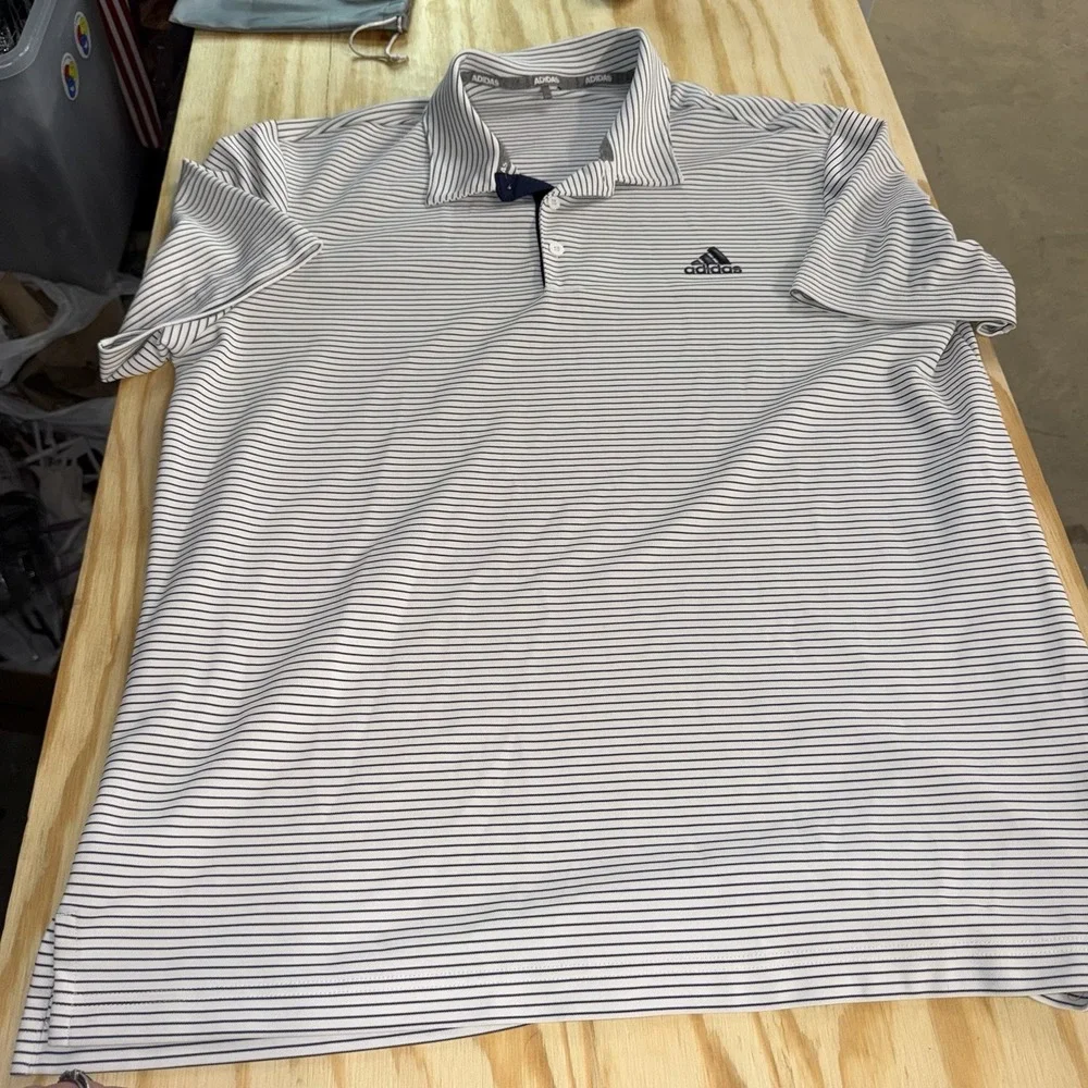Adidas Golf Polo Shirt Mens XL White Blue Striped Short Sleeve Performance